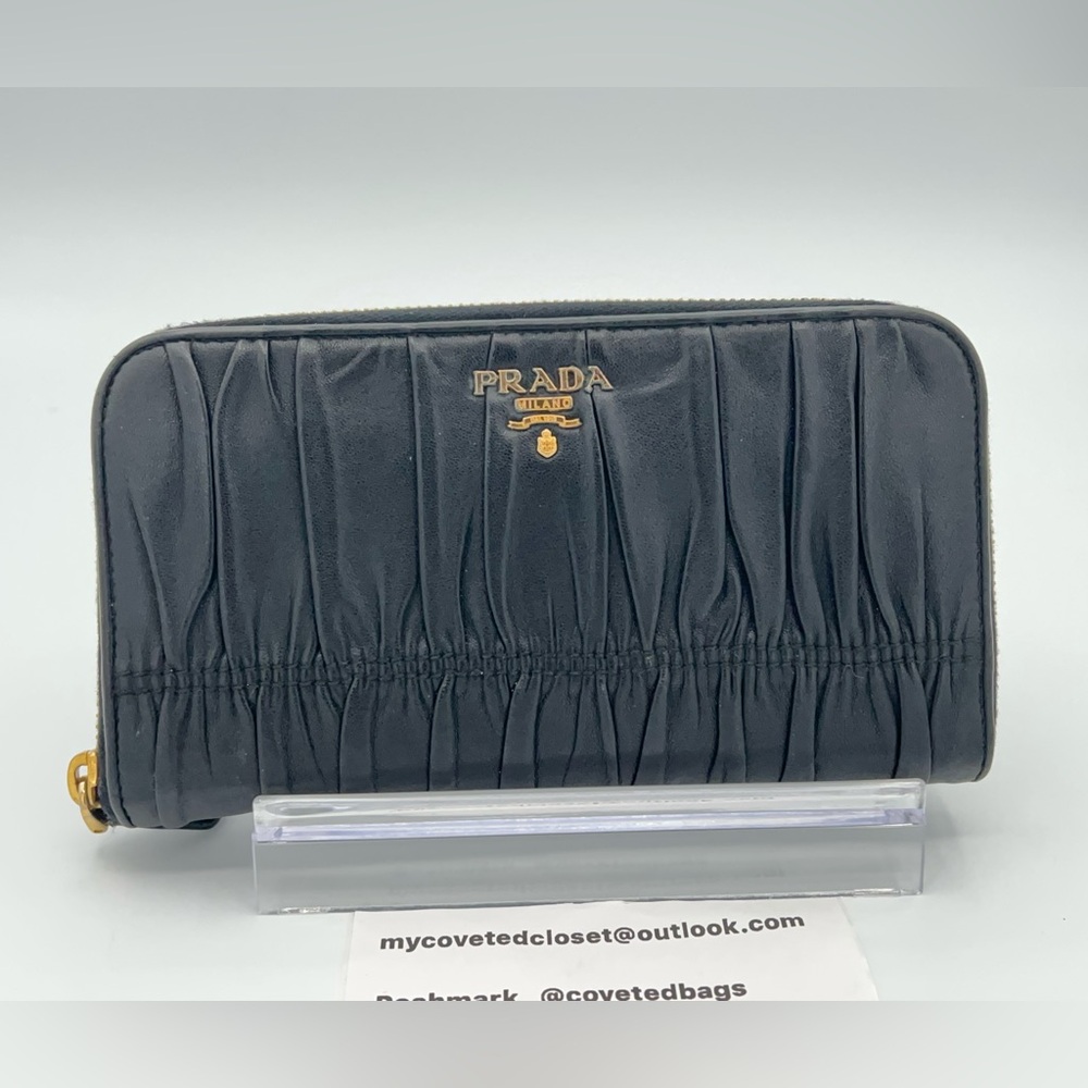 Prada Zippy Ruched Black Leather Wallet with Gold Hardware